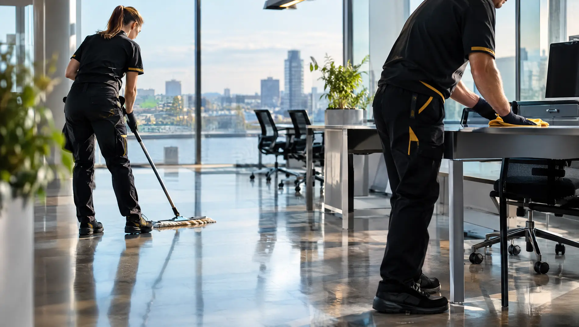 Schoonmaker van Kingkong Cleaning aan het werk in een kantoor