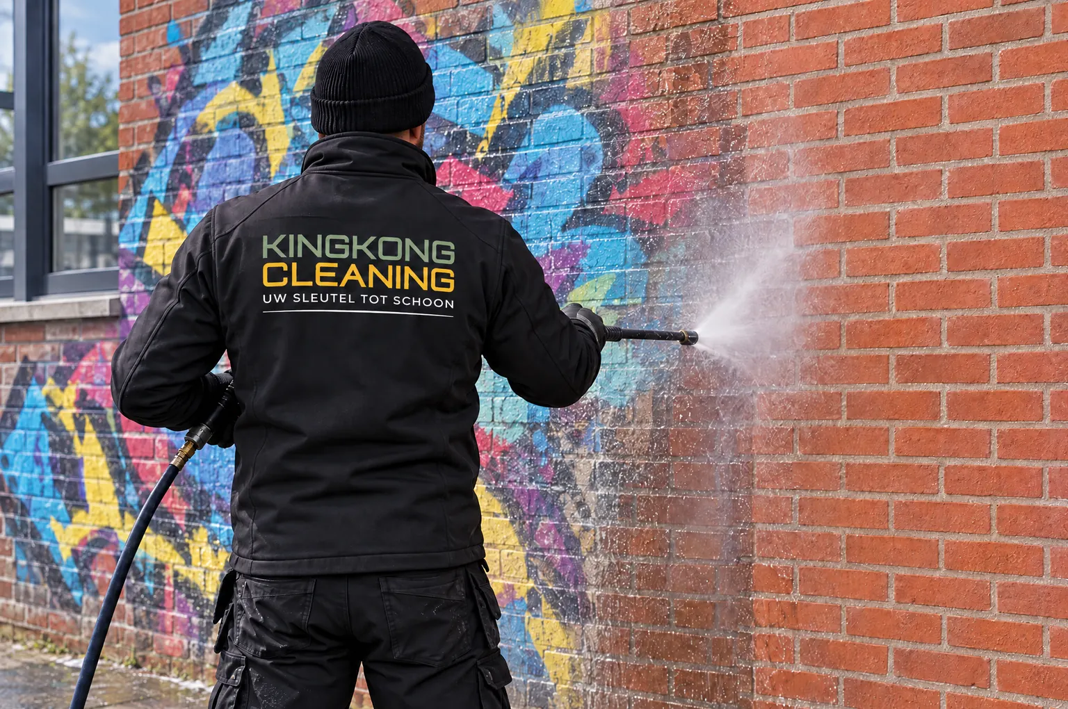 Graffiti wordt van een gevel verwijderd